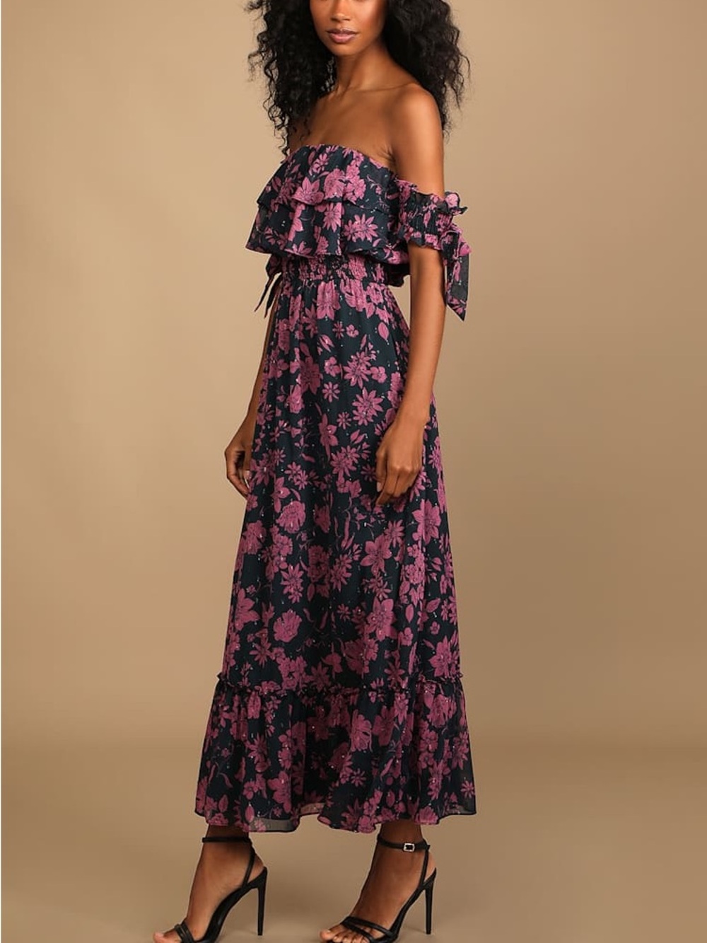 Lulu's Off the Shoulder Maxi Dress in Navy Blue with Pink Floral Print - Picture 1 of 7